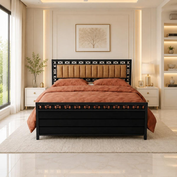 MILANO NAMARIQ: Hydraulic Storage Metal Bed Frame | Carved Motif Border & Vertical Channel Tufted Cushion Headboard | Bedroom Furniture | Easy Assembly | Premium Powder Coated | KING, QUEEN, SINGLE Sizes | BLACK-BROWN Color