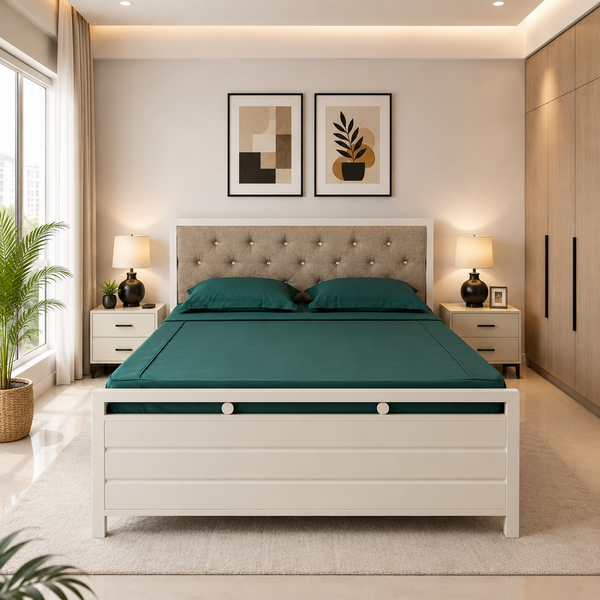 MAITREYA NAMARIQ: Hydraulic Storage Box Metal Bed Frame with Tufted Fabric Headboard| Bedroom Furniture | Easy Assembly | Premium Powder Coated | KING, QUEEN, SINGLE Sizes | IVORY Color