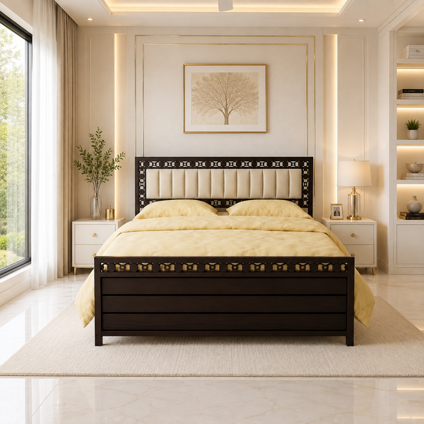 MILANO NAMARIQ: Hydraulic Storage Metal Bed Frame | Carved Motif Border & Vertical Channel Tufted Cushion Headboard | Bedroom Furniture | Easy Assembly | Premium Powder Coated | KING, QUEEN, SINGLE Sizes | BROWN-IVORY Color