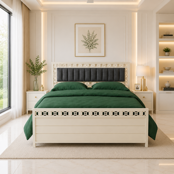 MILANO NAMARIQ: Hydraulic Storage Metal Bed Frame | Carved Motif Border & Vertical Channel Tufted Cushion Headboard | Bedroom Furniture | Easy Assembly | Premium Powder Coated | KING, QUEEN, SINGLE Sizes | IVORY-GREY Color