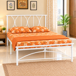 ZENO NAMARIQ: Solid Wrought Iron Metal Bed Cot| Without Inbuilt Storage Box | Space Saving Bedroom Furniture | Architectural Arched Head-Footboard | With & Without Mattress | KING QUEEN SINGLE Sizes | Powder Coated WHITE Color
