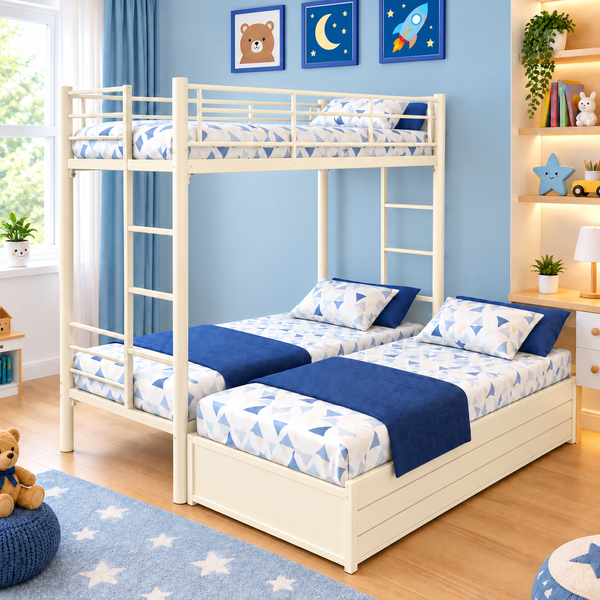 RADIANT NAMARIQ: Heavy Duty Twin-over-Full Bunk-Bed Frame with Ladder & Safety Guard Rails | Space Saving Bed for Kids Teens & Adults | With or Without Mattress | 6x3 FT STANDARD & 6x2.5 FT Small Size | Powder Coated IVORY Color