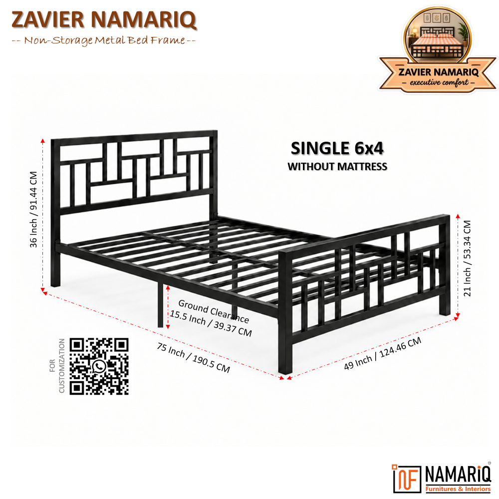 zavier-namariq-solid-wrought-iron-metal-bed-cot-without-inbuilt-storage-box-space-saving-bedroom-furniture-artistic-head-footboard-with-without-mattress-king-queen-single-sizes-powder-coated-black-color