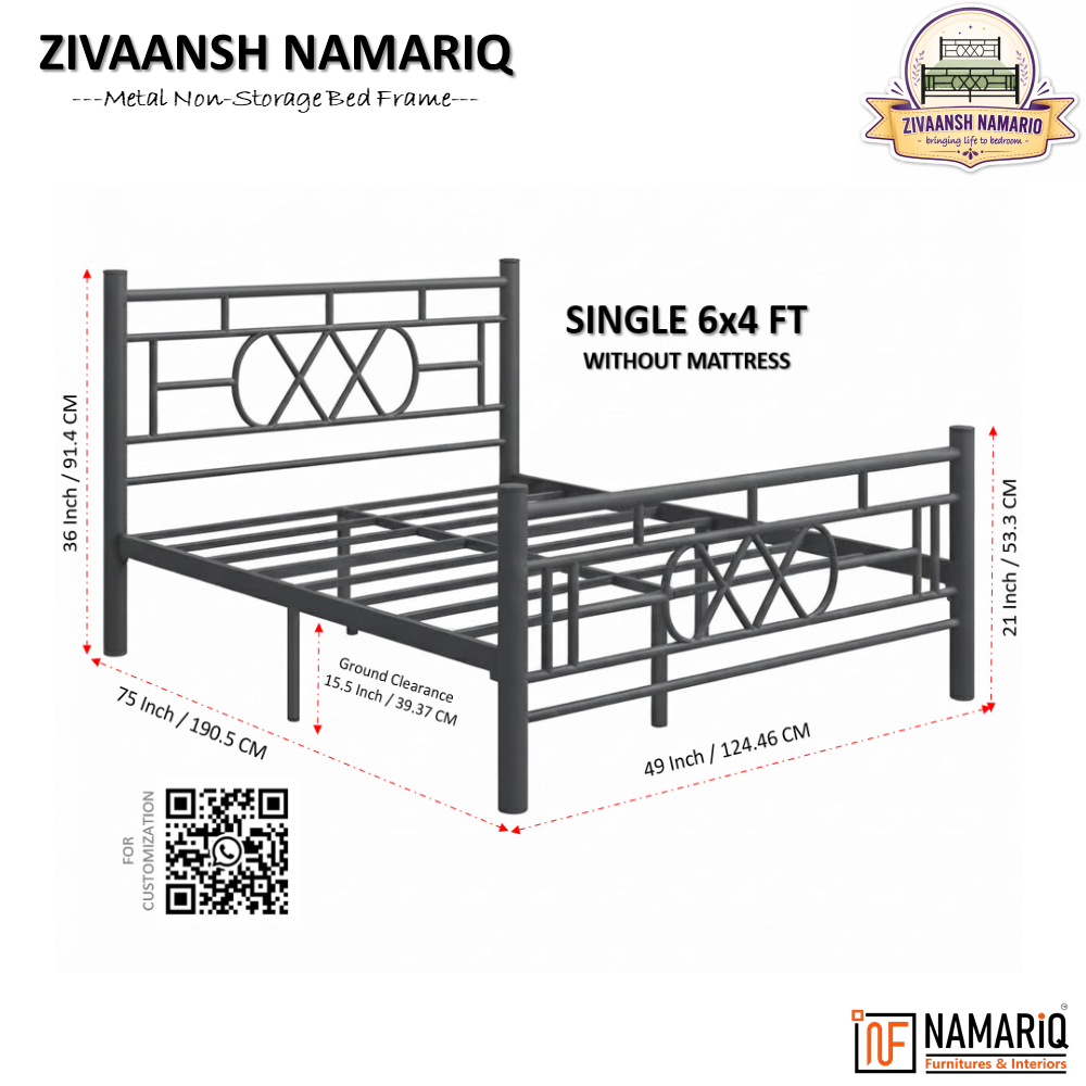 zivaansh-namariq-wrought-iron-metal-bed-without-inbuilt-storage-box-space-saving-bedroom-cot-bed-with-architectural-circle-grid-head-footboard-with-without-mattress-king-queen-single-sizes-powder-coated-grey-color