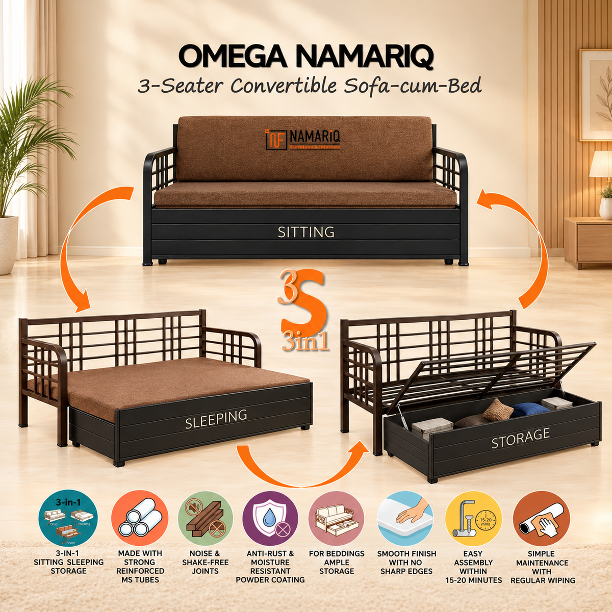 omega-namariq-3-seater-metal-convertible-sofa-cum-bed-hydraulic-storage-box-space-saving-livingroom-home-furniture-easy-assembly-mattress-cushions-included-black-frame-with-brown-fabric