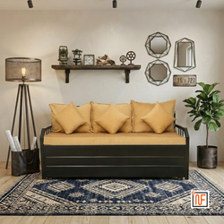 OMEGA NAMARIQ: Minimalist Design Wrought Metal Sofa-cum-Bed – Convertible Sofa-cum-Bed - With Hydraulic Box Storage – for Bedroom / Living Room - Water Resistant & Anti-Rust Powder Coated Finish - BLACK-GOLDEN Combination