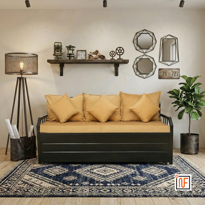 OMEGA NAMARIQ: Minimalist Design Wrought Metal Sofa-cum-Bed – Convertible Sofa-cum-Bed - With Hydraulic Box Storage – for Bedroom / Living Room - Water Resistant & Anti-Rust Powder Coated Finish - BLACK-GOLDEN Combination