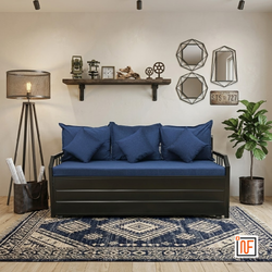 OMEGA NAMARIQ: Minimalist Design Wrought Metal Sofa-cum-Bed – Convertible Sofa-cum-Bed - With Hydraulic Box Storage – for Bedroom / Living Room - Water Resistant & Anti-Rust Powder Coated Finish - BLACK-BLUE Combination