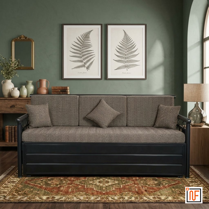 OASIS NAMARIQ: Elegant Metal Sofa-cum-Bed – With Hydraulic Box Storage – for Bedroom / Living Room - Water Resistant & Anti-Rust Powder Coated Finish - BLACK-GREY Combination