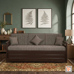 OASIS NAMARIQ: Elegant Metal Sofa-cum-Bed – With Hydraulic Box Storage – for Bedroom / Living Room - Water Resistant & Anti-Rust Powder Coated Finish - BROWN-GREY Combination