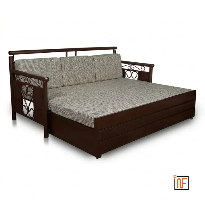 OASIS NAMARIQ: Elegant Metal Sofa-cum-Bed – With Hydraulic Box Storage – for Bedroom / Living Room - Water Resistant & Anti-Rust Powder Coated Finish - BROWN-GREY Combination+2