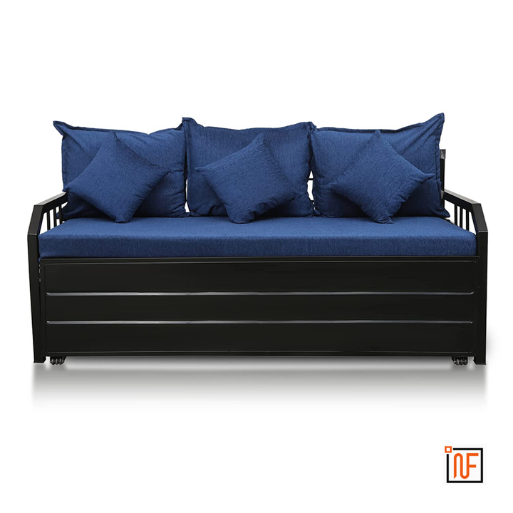 OMEGA NAMARIQ: Minimalist Design Wrought Metal Sofa-cum-Bed – Convertible Sofa-cum-Bed - With Hydraulic Box Storage – for Bedroom / Living Room - Water Resistant & Anti-Rust Powder Coated Finish - BLACK-BLUE Combination+2