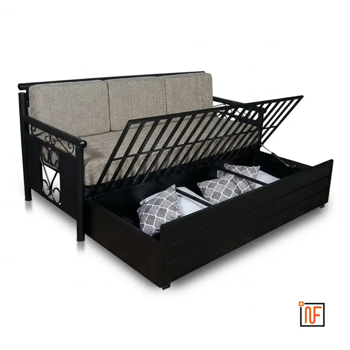 OASIS NAMARIQ: Elegant Metal Sofa-cum-Bed – With Hydraulic Box Storage – for Bedroom / Living Room - Water Resistant & Anti-Rust Powder Coated Finish - BLACK-GREY Combination+2