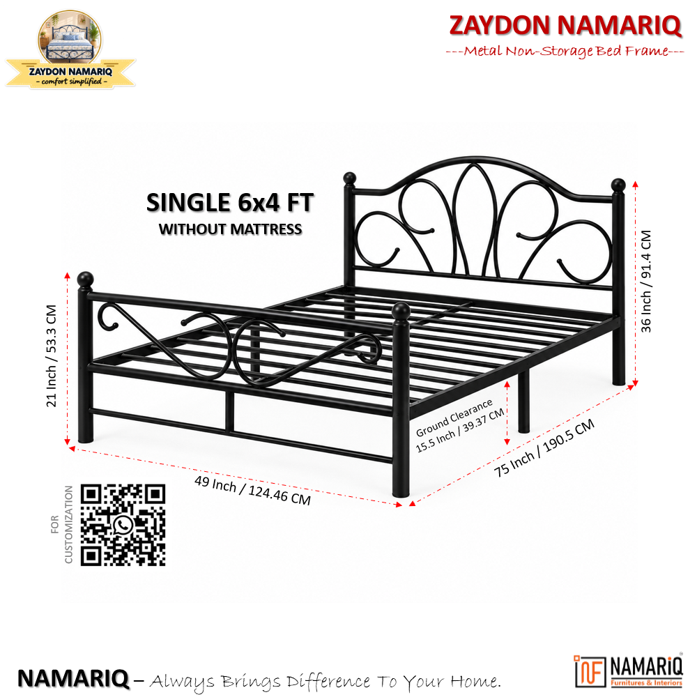zaydon-namariq-solid-wrought-iron-metal-bed-cot-without-inbuilt-storage-box-space-saving-bedroom-furniture-artistic-head-footboard-with-without-mattress-king-queen-single-twin-sizes-powder-coated-black-color