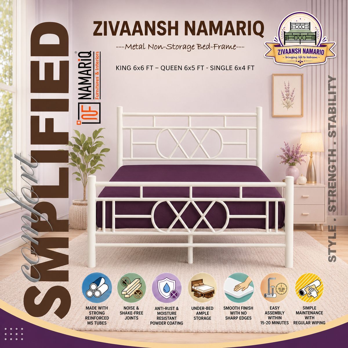 zivaansh-namariq-wrought-iron-metal-bed-without-inbuilt-storage-box-space-saving-bedroom-cot-bed-with-architectural-circle-grid-head-footboard-with-without-mattress-king-queen-single-sizes-powder-coated-white-color