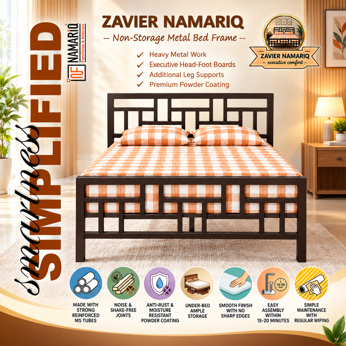 zavier-namariq-solid-wrought-iron-metal-bed-cot-without-inbuilt-storage-box-space-saving-bedroom-furniture-artistic-head-footboard-with-without-mattress-king-queen-single-sizes-powder-coated-brown-color