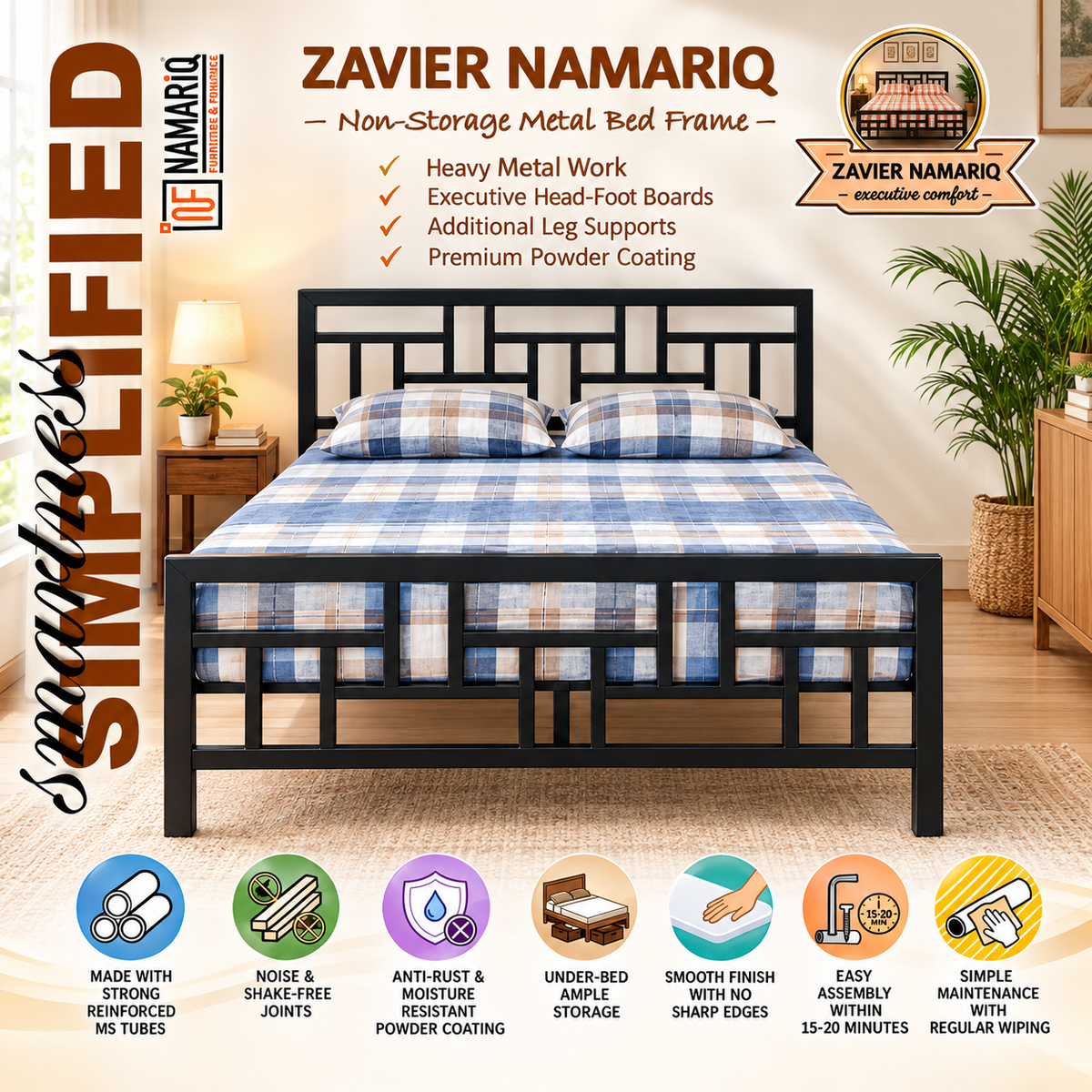 zavier-namariq-solid-wrought-iron-metal-bed-cot-without-inbuilt-storage-box-space-saving-bedroom-furniture-artistic-head-footboard-with-without-mattress-king-queen-single-sizes-powder-coated-black-color