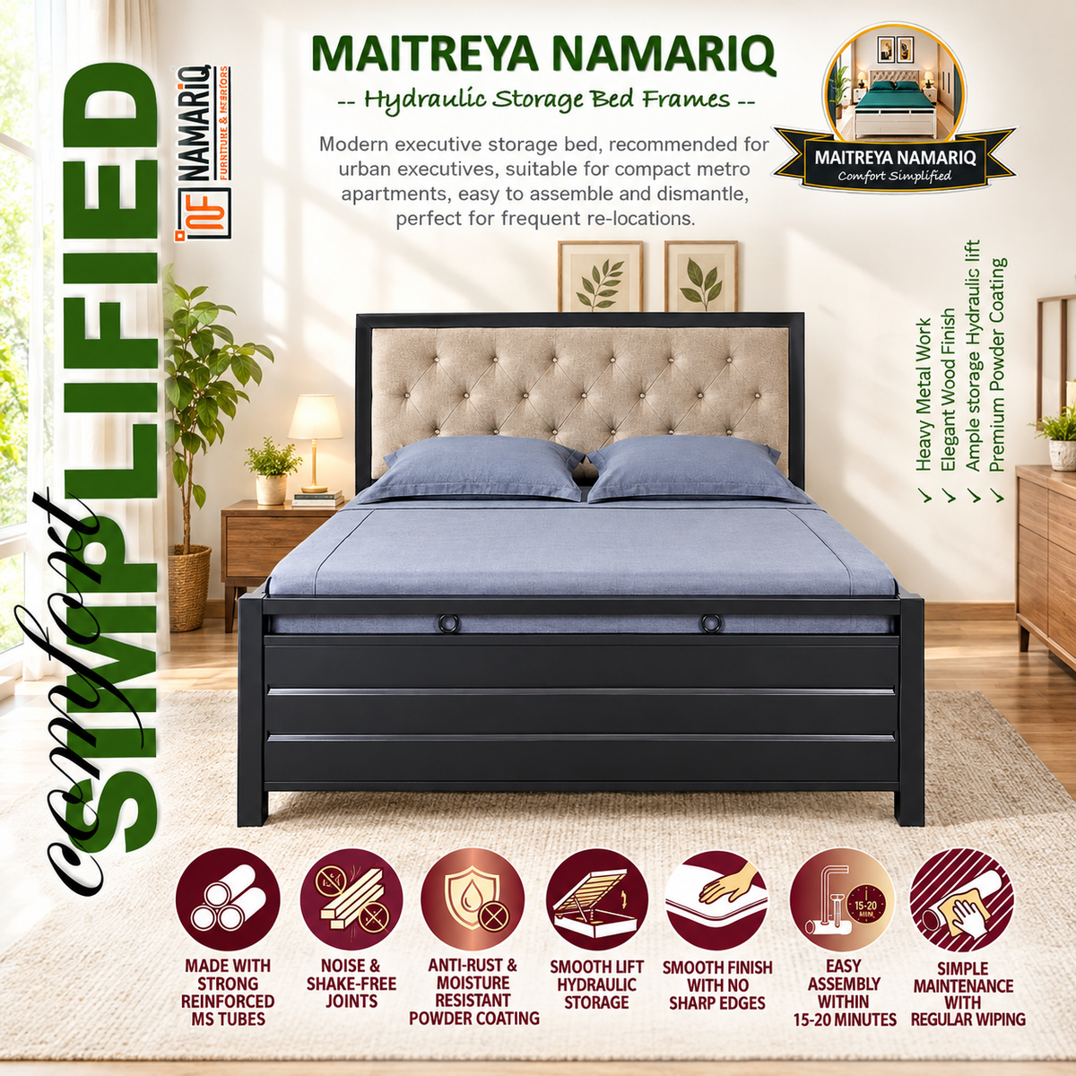 maitreya-namariq-hydraulic-storage-box-metal-bed-frame-with-tufted-fabric-headboard-bedroom-furniture-easy-assembly-premium-powder-coated-king-queen-single-sizes-black-color