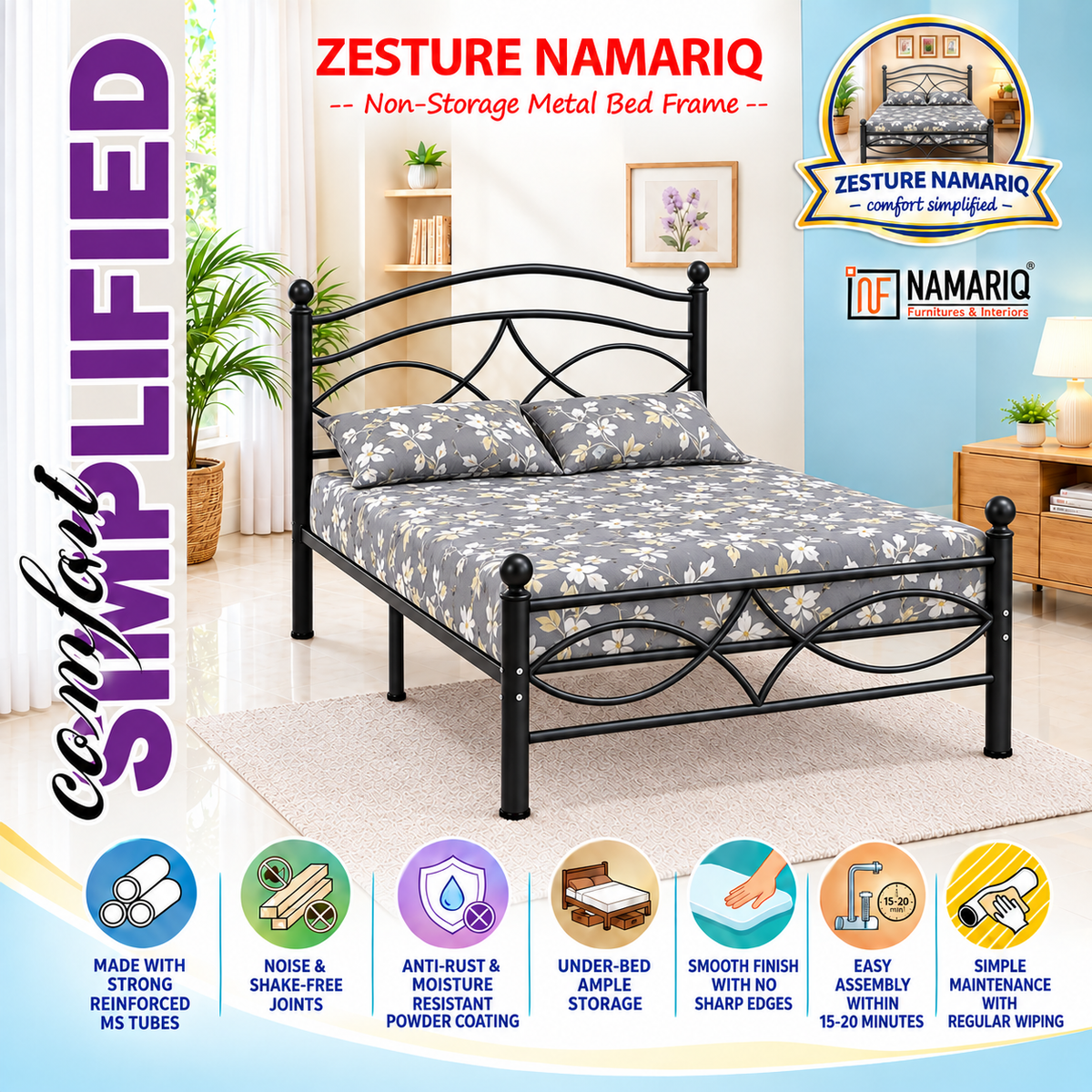 zesture-namariq-solid-wrought-iron-metal-bed-cot-without-inbuilt-storage-box-space-saving-bedroom-furniture-artistic-head-footboard-with-without-mattress-king-queen-single-sizes-powder-coated-black-color