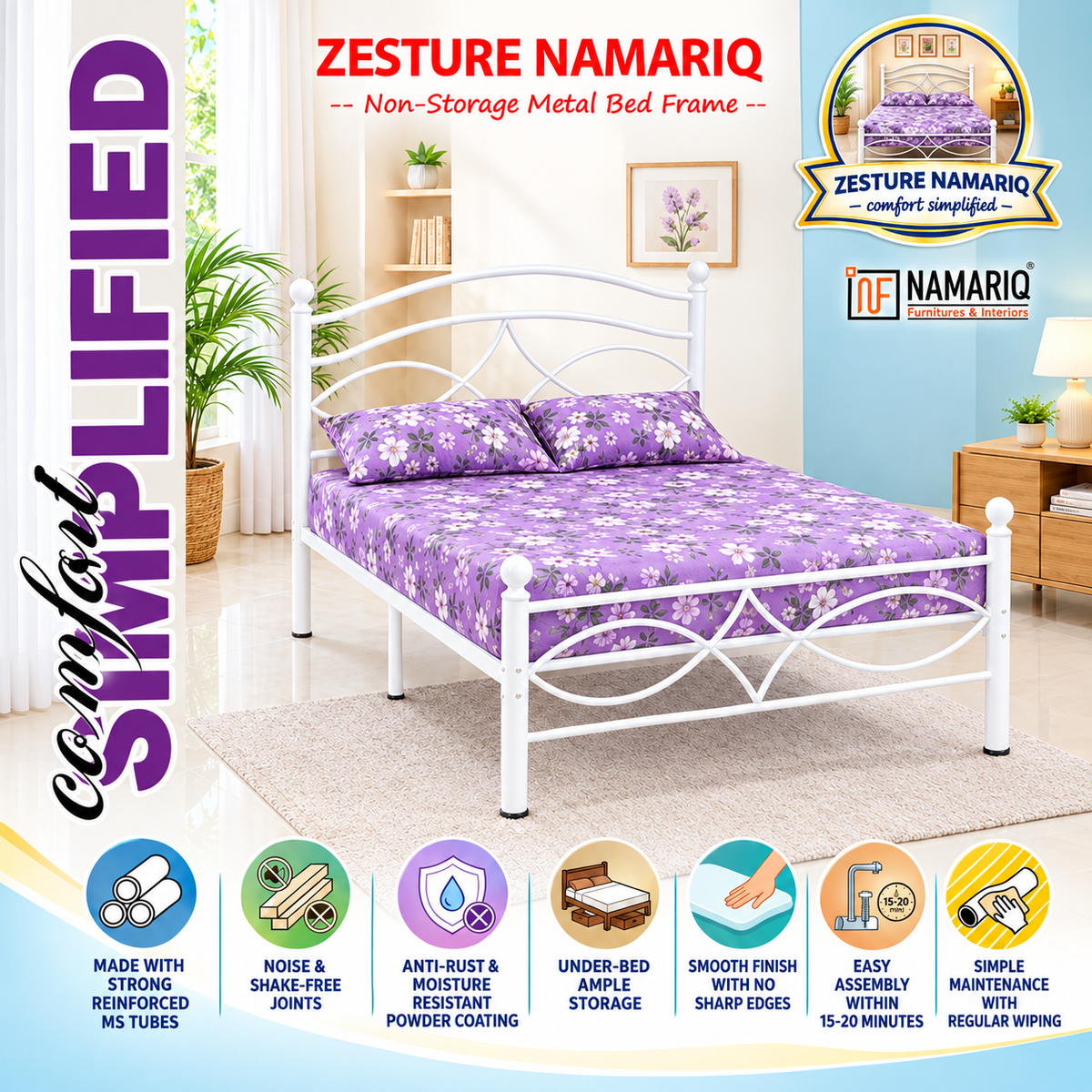 zesture-namariq-solid-wrought-iron-metal-bed-cot-without-inbuilt-storage-box-space-saving-bedroom-furniture-artistic-head-footboard-with-without-mattress-king-queen-single-sizes-powder-coated-white-color