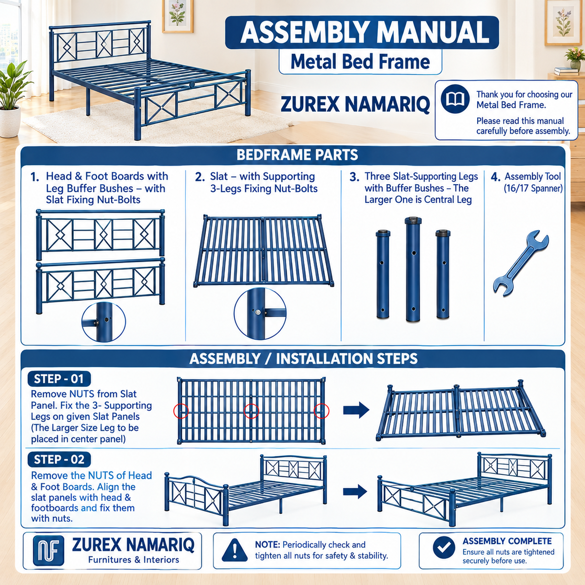 zurex-namariq-heavy-duty-metal-bed-frame-with-modern-geometric-headboard-footboard-bedroom-home-furniture-with-without-mattress-powder-coated-ivory-finish-king-queen-single-sizes
