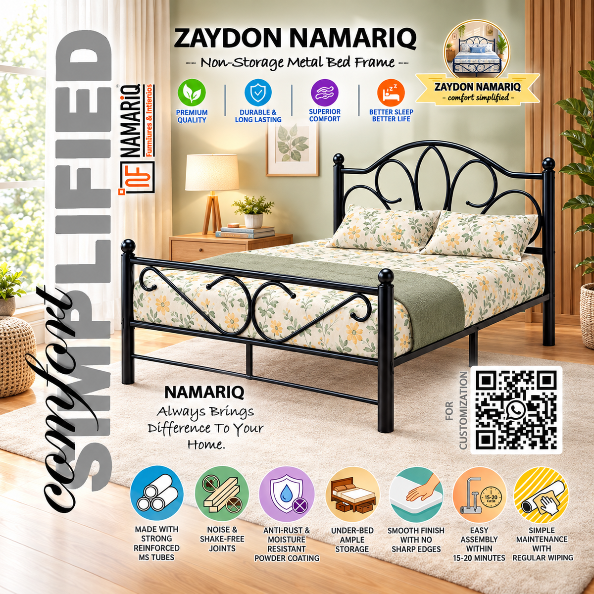 zaydon-namariq-solid-wrought-iron-metal-bed-cot-without-inbuilt-storage-box-space-saving-bedroom-furniture-artistic-head-footboard-with-without-mattress-king-queen-single-twin-sizes-powder-coated-black-color