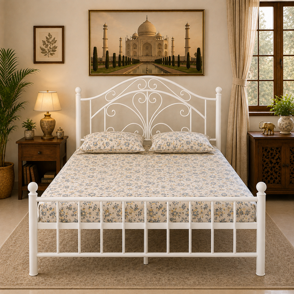 ZENERA NAMARIQ: Wrought Iron Modern Metal Bed Cot| Without Inbuilt Storage Box | Platform Bed for Bedroom Guest Room| Artistic Head-Footboard | With & Without Mattress | KING QUEEN SINGLE Sizes | Powder Coated WHITE Color