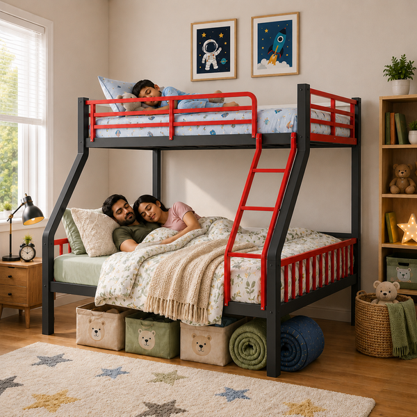 REXTONE NAMARIQ: Twin-over-Full Bunk-Bed Frame with Ladder & Safety Guard Rails | Space Saving Bed for Kids Teens & Adults | With or Without Mattress | QUEEN & DOUBLE Sizes | Powder Coated BLACK-RED Color