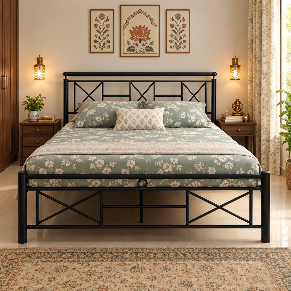 zurex-namariq-heavy-duty-metal-bed-frame-with-modern-geometric-headboard-footboard-bedroom-home-furniture-with-without-mattress-powder-coated-black-finish-king-queen-single-sizes