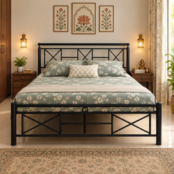 ZUREX NAMARIQ: Heavy-Duty Metal Bed Frame with Modern Geometric Headboard & Footboard | Bedroom Home Furniture | With & Without Mattress | Powder Coated BLACK Finish | KING, QUEEN, SINGLE Sizes