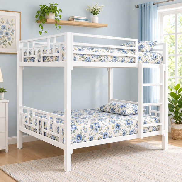 RIEVERA NAMARIQ: Heavy-Duty Metal Bunk Bed with Designer Geometric Lattice Railing & Integrated Vertical Ladder | Space Saving Bed for Kids Teens & Adults | With or Without Mattress | QUEEN & DOUBLE Sizes | Powder Coated WHITE Color