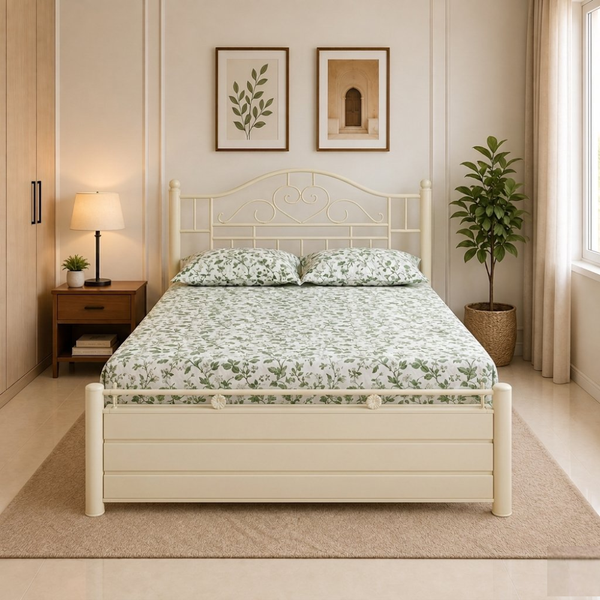 MANDARA NAMARIQ: Metal Hydraulic Storage Bed Frame Heavy Duty | Scrolled Heart Headboard| Bedroom Furniture | Easy Assembly | Premium Powder Coated | KING, QUEEN, SINGLE Sizes | IVORY Color