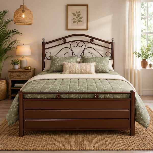 MAGNUS NAMARIQ: Hydraulic Storage Metal Bed Frame with Designer Headboard | Bedroom Furniture | Easy Assembly | Premium Powder Coated | KING, QUEEN, SINGLE Sizes | BROWN Color
