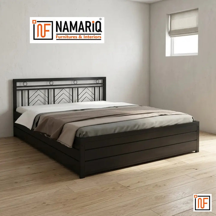 MAITRA NAMARIQ: Modern Metal Bed – With Hydraulic Box Storage – Water Resistant & Anti-Rust Powder Coated Finish - BLACK