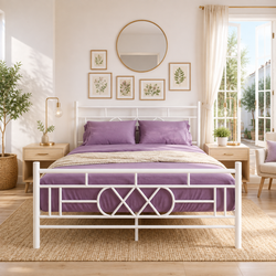 ZIVAANSH NAMARIQ: Wrought Iron Metal Bed | Without Inbuilt Storage Box | Space Saving Bedroom Cot Bed with Architectural Circle & Grid Head-Footboard | With & Without Mattress | KING QUEEN SINGLE Sizes | Powder Coated WHITE Color