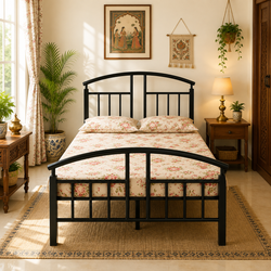 ZELIX NAMARIQ: Wrought Iron Metal Bed - Without Inbuilt Storage Box - Space Saving Bedroom Living Room Cot Bed – KING / QUEEN / SINGLE Sizes – With / Without Mattress – BLACK Color