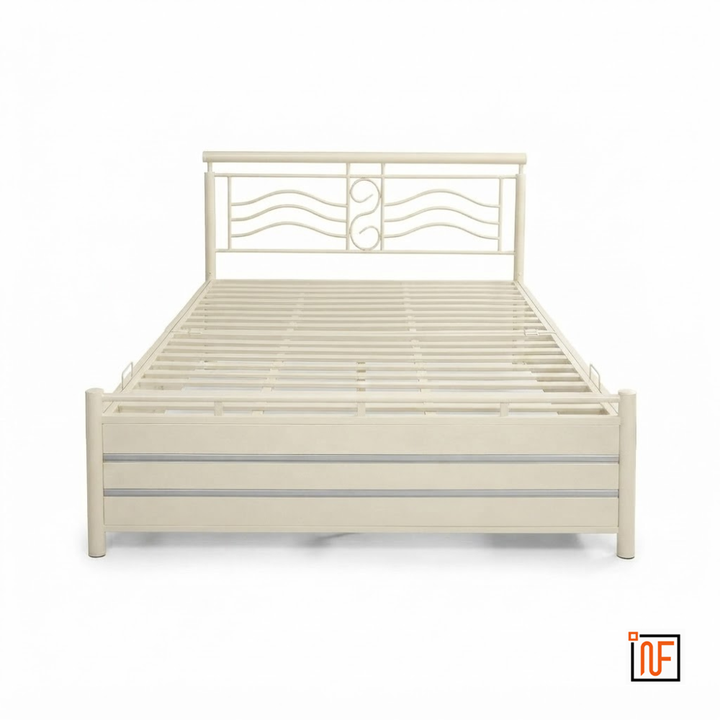 MATRIX NAMARIQ: Wavey Designed Wrought Iron Metal Bed – With Hydraulic Box Storage – Water Resistant & Anti-Rust Powder Coated Finish - IVORY+2
