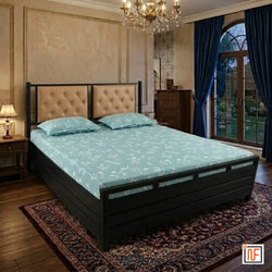 MANAS NAMARIQ: Comfort Metal Bed – With Hydraulic Box Storage & Twin Headboard Cushion – Water Resistant & Anti-Rust Powder Coated Finish - BLACK
