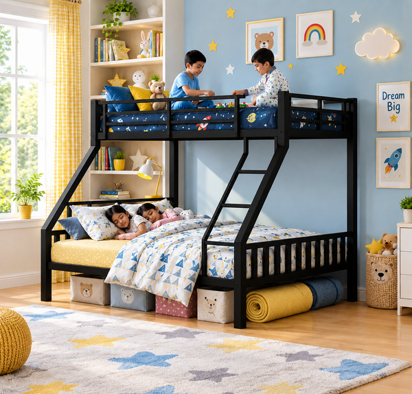 REXTONE NAMARIQ: Twin-over-Full Bunk-Bed Frame with Ladder & Safety Guard Rails | Space Saving Bed for Kids Teens & Adults | With or Without Mattress | QUEEN & DOUBLE Sizes | Powder Coated BLACK Color