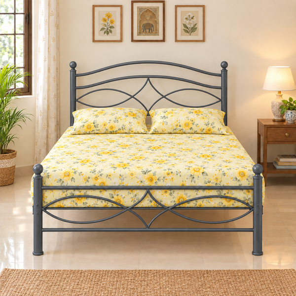 ZESTURE NAMARIQ: Solid Wrought Iron Metal Bed Cot| Without Inbuilt Storage Box | Space Saving Bedroom Furniture | Artistic Head-Footboard | With & Without Mattress | KING QUEEN SINGLE Sizes | Powder Coated GREY Color