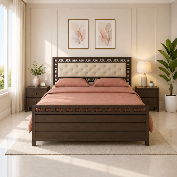 MEDHAWI NAMARIQ: Hydraulic Storage Metal Bed Frame with Cushioned Tufted Headboard | Carbin Borders | Bedroom Furniture | Easy Assembly | Premium Powder Coated | KING, QUEEN, SINGLE Sizes | BROWN Color