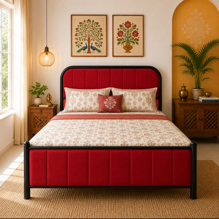 METROPOLIS NAMARIQ: Hydraulic Storage Metal Bed Frame with Cushioned Tufted Head-Footboards | Bedroom Furniture | Easy Assembly | Premium Powder Coated | KING, QUEEN, SINGLE Sizes | BLACK-RED Color