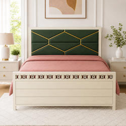 METCHOICE NAMARIQ: Hydraulic Storage Box Metal Bed Frame with Tufted Fabric Green-Golden Headboard| Bedroom Furniture | Easy Assembly | Premium Powder Coated | KING, QUEEN, SINGLE Sizes | IVORY Color