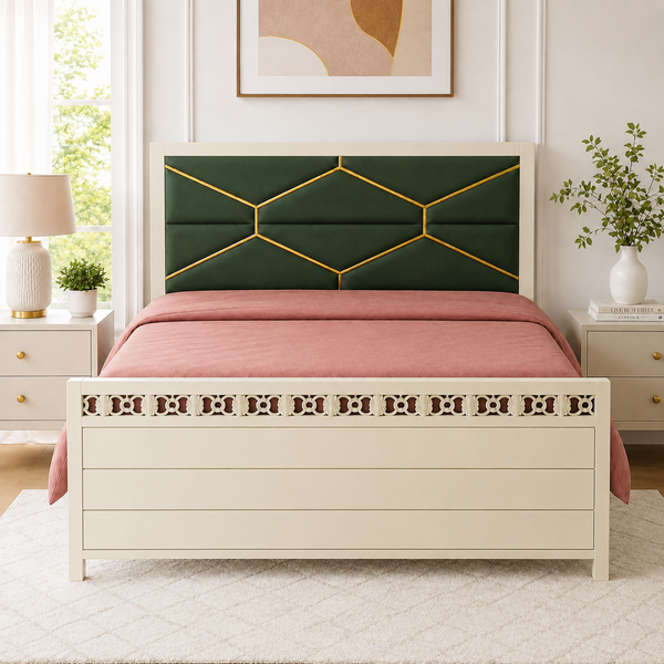 METCHOICE NAMARIQ: Hydraulic Storage Box Metal Bed Frame with Tufted Fabric Green-Golden Headboard| Bedroom Furniture | Easy Assembly | Premium Powder Coated | KING, QUEEN, SINGLE Sizes | IVORY Color