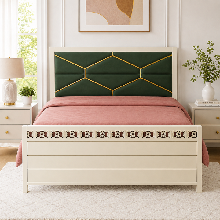 METCHOICE NAMARIQ: Hydraulic Storage Box Metal Bed Frame with Tufted Fabric Green-Golden Headboard| Bedroom Furniture | Easy Assembly | Premium Powder Coated | KING, QUEEN, SINGLE Sizes | IVORY Color