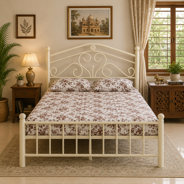 ZAFFIRO NAMARIQ: Wrought Iron Modern Metal Bed Cot| Without Inbuilt Storage Box | Space Saving Bedroom Furniture | Artistic Head-Footboard | With & Without Mattress | KING QUEEN SINGLE Sizes | Powder Coated IVORY Color