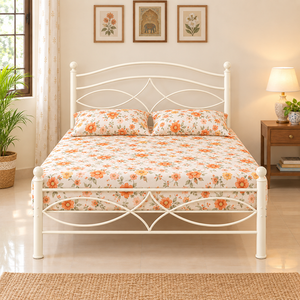 ZESTURE NAMARIQ: Solid Wrought Iron Metal Bed Cot| Without Inbuilt Storage Box | Space Saving Bedroom Furniture | Artistic Head-Footboard | With & Without Mattress | KING QUEEN SINGLE Sizes | Powder Coated IVORY Color