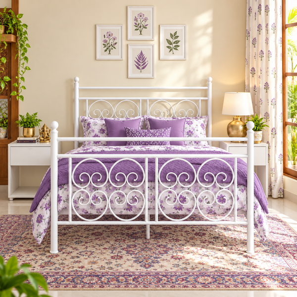 ZECORE NAMARIQ: Wrought Iron Metal Bed Cot| Space Saving Bedroom Furniture | No Box Spring Needed, Easy Assembly | Vintage Scroll Headboard & Footboard| With & Without Mattress | KING QUEEN SINGLE Sizes | Powder Coated WHITE Color