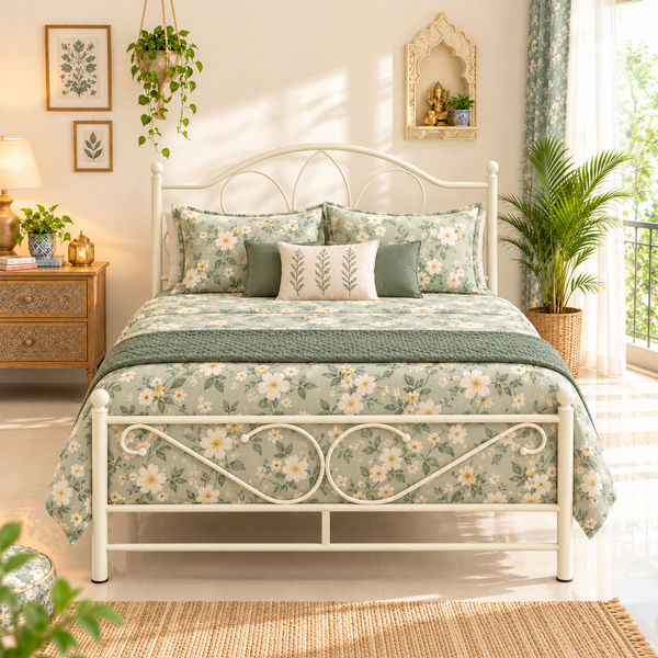 ZAYDON NAMARIQ: Solid Wrought Iron Metal Bed Cot | Without Inbuilt Storage Box | Space Saving Bedroom Furniture | Artistic Head-Footboard | With & Without Mattress | KING QUEEN SINGLE & TWIN Sizes | Powder Coated IVORY Color