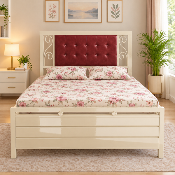 MIRINAL NAMARIQ: Metal Hydraulic Storage Bed | Maroon Tufted Headboard Cushion & Ornate Scrollwork Borders| Bedroom Furniture | Easy Assembly | Premium Powder Coated | KING, QUEEN, SINGLE Sizes | IVORY Color